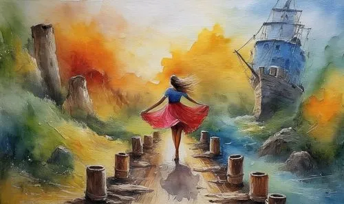 watercolor background,watercolor painting,watercolor,wishing well,water color,fairy chimney,girl walking away,watercolours,watercolors,nargothrond,watercolor arrows,girl on the river,water colors,fant