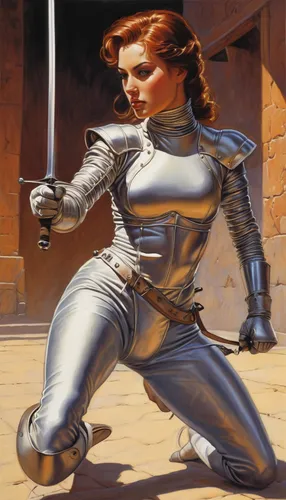 swordswoman,joan of arc,chrome steel,sci fiction illustration,dune 45,épée,fencing weapon,silver arrow,female warrior,protective suit,angel moroni,heroic fantasy,protective clothing,fencing,cybernetics,darth talon,steel,sprint woman,sabre,firestar,Illustration,American Style,American Style 07