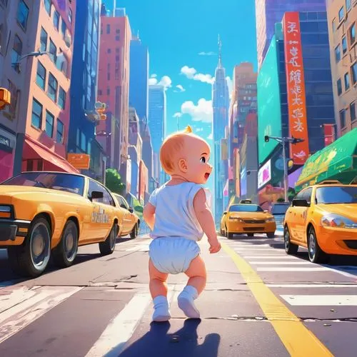 yellow taxi,babyfirsttv,pedestrian,futurekids,futuro,cloudstreet,Illustration,Japanese style,Japanese Style 03