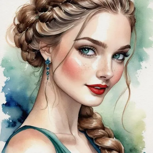 french braid,updo,braid,elsa,braids,fishtail,watercolor pin up,chignon,fashion illustration,romantic portrait,braiding,girl portrait,fantasy portrait,boho art,braided,watercolor women accessory,princess anna,watercolor pencils,romantic look,vintage girl,Illustration,Realistic Fantasy,Realistic Fantasy 16