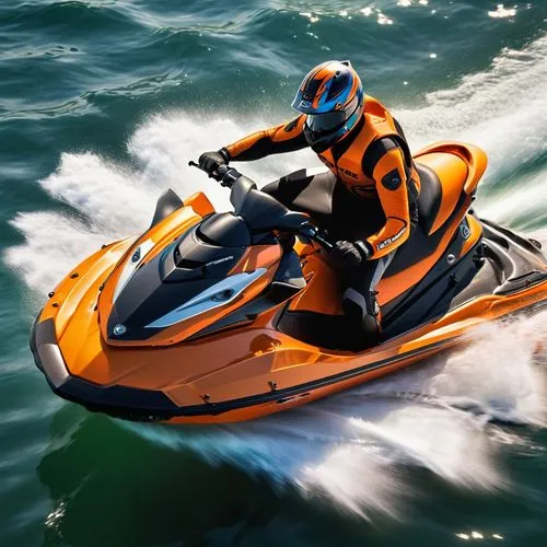 (High quality picture), ((HD clarity)), (Sunlight) A beautifully decorated orange Jet ski for racing is running in the sea during the day.,jetski,jet ski,jetboat,powerboating,watercraft,powerboat,spee