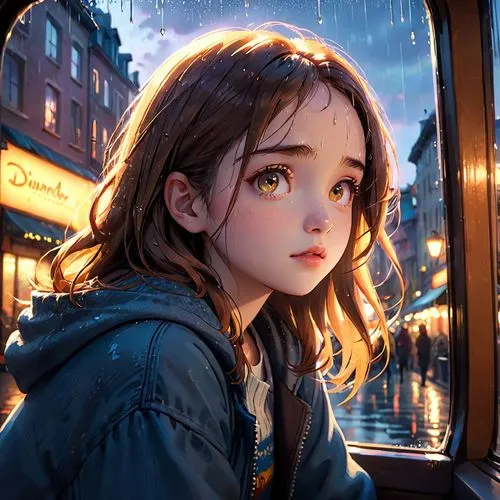 paris,little girl in wind,girl in car,in the rain,worried girl,girl portrait,the girl at the station,cg artwork,golden rain,girl and car,little girl with umbrella,city ​​portrait,rainy,train ride,child girl,passenger,mystical portrait of a girl,world digital painting,car window,nico,Anime,Anime,Cartoon