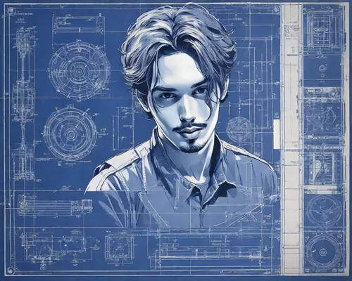 blueprint,blueprints,blue-collar worker,blue print,matruschka,blue-collar,jack rose,leonardo devinci,vector art,denim background,tony stark,cg artwork,inventor,indigo,vector graphic,vector illustration,engineer,portrait background,vector,circuit board,Digital Art,Blueprint