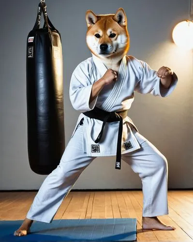 Shiba Inu, Taekwondo athlete, male, athletic build, black belt, white dobok, helmet, mouthguard, kicking pads, standing in a fighting stance, confident expression, focused eyes, sweaty skin, indoor ma