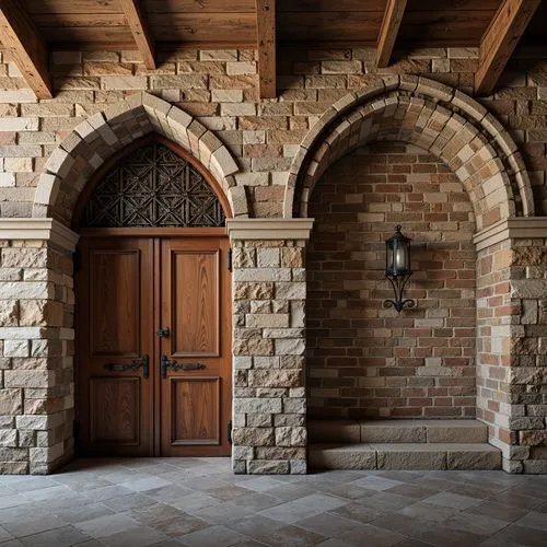 Rustic stone walls, ornate brick facades, textured concrete finishes, intricate masonry patterns, arches and columns, grand entranceways, ornamental carvings, weathered stone accents, rich mortar colo