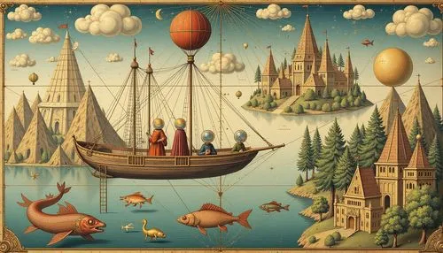 A fascinating and detailed painting in a mixed style of medieval cartography, an illuminated manuscript with elements of a medieval bestiary with numerous small details and characters. The image is ma