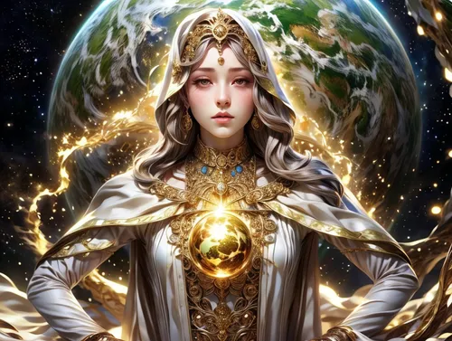 zodiac sign libra,priestess,libra,goddess of justice,star mother,golden crown,sorceress,the enchantress,mother earth,golden wreath,fantasy art,zodiac sign gemini,fantasy portrait,earth chakra,mary-gold,fantasy woman,aura,celestial,golden apple,mystical portrait of a girl