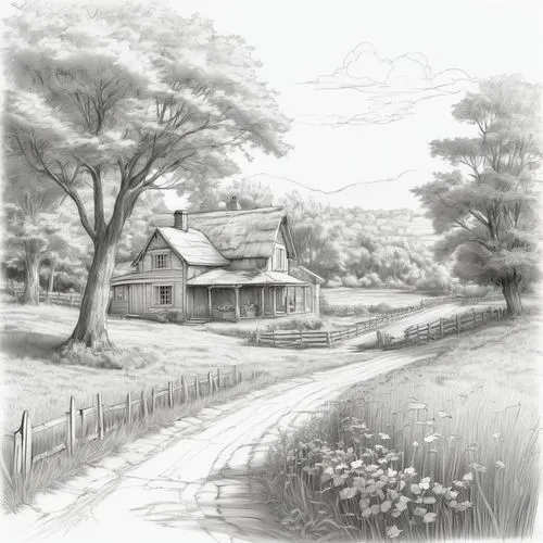 farmhouses,farmstead,lincoln's cottage,schoolhouses,country cottage,ludgrove,Illustration,Black and White,Black and White 08