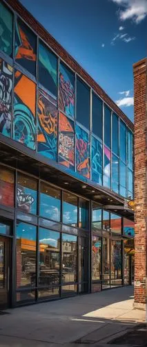 Modern architectural building, Youngstown cityscape, urban renewal, sleek glass façade, steel framework, geometric shapes, vibrant street art, graffiti, industrial chic, revitalized downtown area, bus