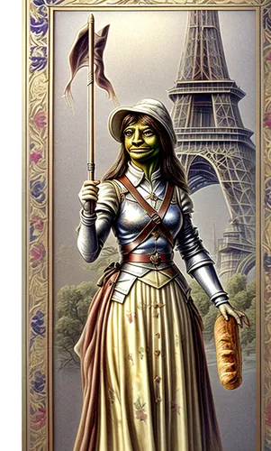 she has a baguette in the hand,french digital background,woman frog,french valentine,paris clip art,joan of arc,napoleon bonaparte,bonjour bongu,lady justice,hipparchia,french tian,french culture,pari