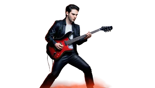 Spooky Halloween musician, solo, male, (30yo), sinister eyes, pale skin, black hair, white shirt, black jacket, leather pants, holding guitar, playing music, dim red lighting, smoke effect, foggy atmo