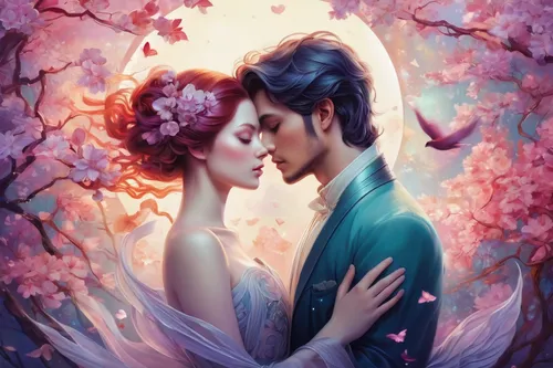 romantic portrait,the cherry blossoms,amorous,passion bloom,fairy tale,romantic scene,a fairy tale,scent of jasmine,japanese art,fantasy picture,cherry blossom,cherry blossoms,love in air,kissing,japanese floral background,young couple,waltz,cherry trees,plum blossoms,peach blossom,Illustration,Realistic Fantasy,Realistic Fantasy 15