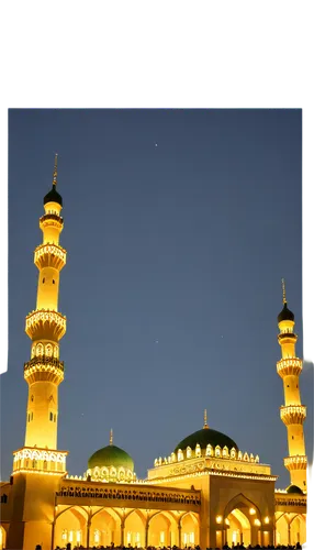 Mosque at night, Islamic architecture, detailed minarets, intricate stone carvings, grand dome, golden lights, soft glowing lanterns, stars in the sky, warm yellow lighting, 3/4 composition, low angle