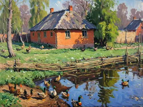 david bates,fisherman's house,village scene,rural landscape,dutch landscape,crane houses,cottage,dutch mill,home landscape,cottages,summer cottage,farm landscape,brook landscape,puszta,khokhloma painting,water mill,farmhouse,geese,house with lake,country cottage,Art,Artistic Painting,Artistic Painting 04