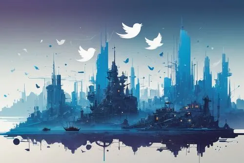 twitter wall,twitter logo,fantasy city,bird kingdom,fantasy world,twitter pattern,city skyline,destroyed city,city cities,fairy tale icons,the fan's background,tweets,twitter bird,mobile video game vector background,background screen,world digital painting,cityscape,background image,tweeting,flock of birds,Conceptual Art,Sci-Fi,Sci-Fi 01