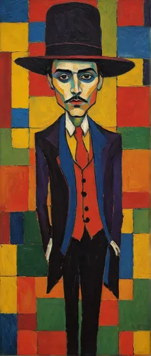 picasso,vincent van gough,self-portrait,gentleman icons,cubism,man with a computer,pilgrim,standing man,art dealer,post impressionism,man with umbrella,leonardo,machu pi,ernő rubik,mondrian,1926,1921,trilby,tesla,pork-pie hat,Art,Artistic Painting,Artistic Painting 36