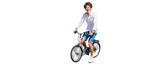 Comic boy, riding a bicycle, smiling face, messy brown hair, bright blue eyes, freckles on cheeks, white shirt with rolled-up sleeves, denim shorts, sneakers, bicycle helmet, streamers attached to han