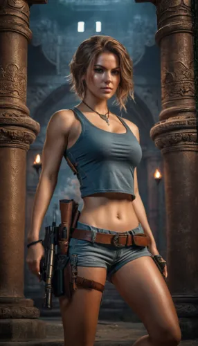 a grayish blue tank top and brown shorts, plus the character is equipped with two pistols and survival tools.  In a temple in a tropical jungle in Asia.,female warrior,lara,hard woman,warrior woman,hu