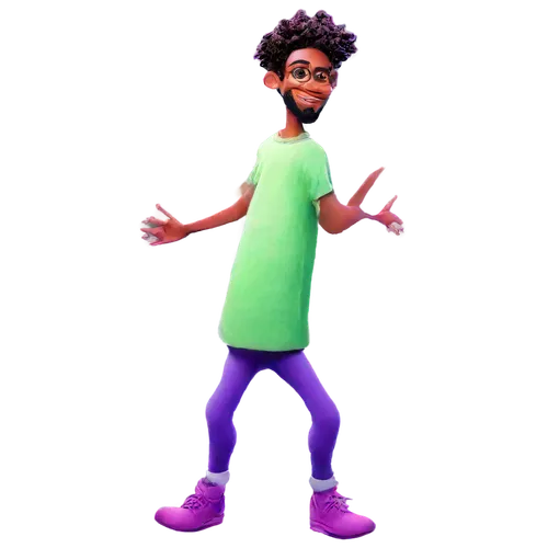 Cartoon HIV, cartoon style, green and purple virus body, smiling face, joyful eyes, tiny legs, dancing pose, colorful background, 3D rendering, vibrant colors, playful composition, soft focus, shallow