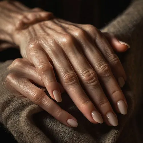 well-groomed hands, delicate fingers, neatly trimmed nails, soft skin, subtle wrinkles, gentle gestures, holding a small object, close-up shot, warm lighting, shallow depth of field, realistic texture