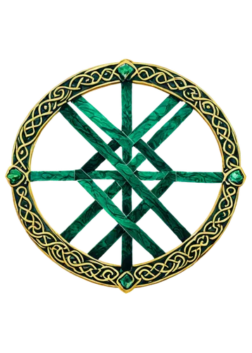 Celtic knot pattern, emerald green, intricate design, ornate details, golden accents, circular shape, symmetrical composition, high-contrast lighting, detailed textures, mystical atmosphere, symbolic 