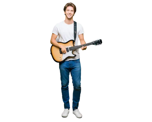 Musician, male, young adult, holding guitar, casual wear, jeans, white T-shirt, sneakers, messy brown hair, bright smile, dimples, standing, relaxed posture, soft focus, warm lighting, shallow depth o