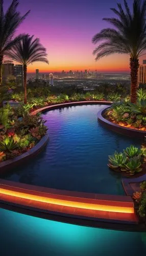 Landscape architecture, modern design, vibrant colors, abstract shapes, geometric patterns, futuristic atmosphere, neon lights, sleek lines, curved walkways, water features, infinity pool, tropical pl