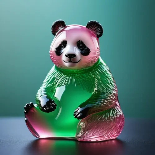 [Panda] figurine by glass, in the style of layered translucency, [green] and [pink], L light], 20 megapixels, transparency,pandabear,chinese panda,kawaii panda,panda,panda bear,3d teddy,neon body pain