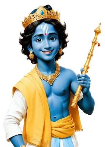 Hindu god, Lord Krishna, youthful, blue skin, crown, earrings, necklace, white dhoti, yellow shawl, holding flute, smiling, gentle eyes, soft facial features, ornate background, warm lighting, 3/4 com