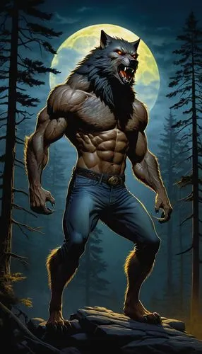 Majestic werewolf, muscular male, full moon, midnight, misty forest, dense trees, howling at sky, sharp claws, glowing yellow eyes, furry body, ripped shirt, torn pants, strong chest, powerful legs, s