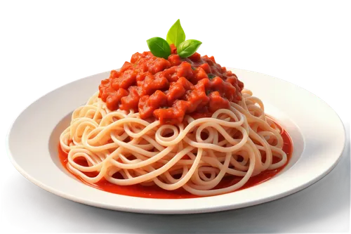 Long, curly spaghetti, Italian dish, red sauce, white plate, fork and spoon, steam rising, warm lighting, shallow depth of field, close-up shot, savory aroma, appetizing composition, realistic texture