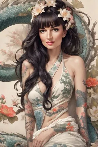 "Create an illustration in the traditional Japanese art style of a woman with long, dark hair. Her body should be partially covered in colorful, intricate tattoos featuring floral and wave motifs. A d