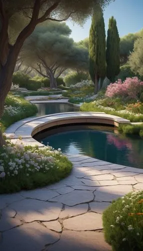 Landscape architecture, modern villa, Mediterranean style, lush greenery, blooming flowers, curved pathway, natural stone pavement, wooden benches, tranquil pond, fountain, surrounding tall trees, sun