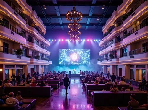 Vibrant music venue, dynamic stage lighting, eclectic audience seating, curved balconies, ornate chandeliers, luxurious VIP areas, polished wooden floors, sleek metal railings, futuristic sound system