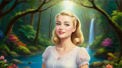 the blonde in the river,connie stevens - female,maureen o'hara - female,forest background,dorthy,ann margarett-hollywood,capucine,marylyn monroe - female,ninfa,fairy tale character,thumbelina,gwtw,fairyland,rosamund,galadriel,faires,eilonwy,fairy forest,bridalveil,world digital painting