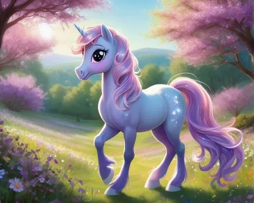 My Little Pony OC, pastel-colored mane, sparkly eyes, cute nose, gentle smile, slender legs, wearing a flowing skirt, hooves with glittery accents, standing in a lush meadow, surrounded by blooming wi