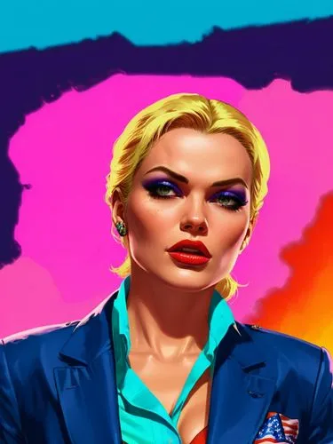 A perfect woman.,an artistic, colorful painting shows a young woman in a blue suit with red lips,kommissar,whigfield,modern pop art,dazzler,gta,pop art background,Illustration,Vector,Vector 19