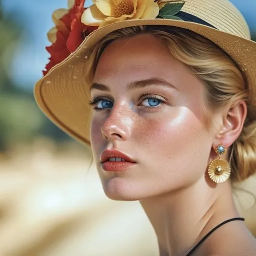 Close-up portrait of a young woman with striking features, displaying a thoughtful or introspective expression. Her face is highlighted by bright blue eyes, red lipstick, and delicate freckles dusting