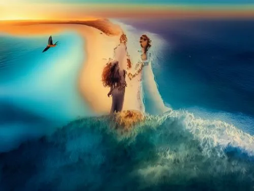 beautiful nude female 35 45 from brazil infront of the sea wave and amazing sunset flying bird above ,a painting of two people standing on the top of a cliff in the ocean,sirene,photomanipulation,merm