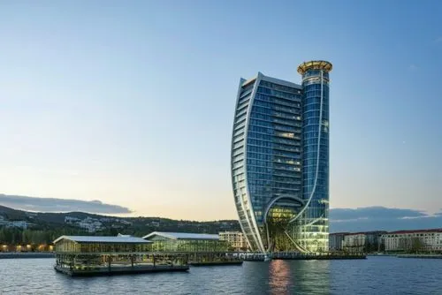 modern glass building viewed from the water with boats on a marina.  ,hotel barcelona city and coast,hengqin,hangzhou,zhangzhou,batumi,hotel w barcelona,zorlu,autostadt wolfsburg,escala,largest hotel 