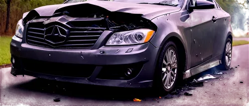 Damaged car, front crash, broken headlights, shattered windshield, crumpled hood, twisted metal, smoking engine, wheels bent inwards, debris scattered around, dramatic lighting, cinematic composition,