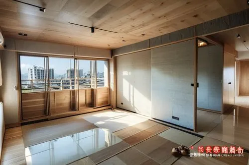 a renovated Japanese wabi-sabi style living room on the fourth floor of a Taiwanese apartment. The living room features extensive use of wood and minimalist design, creating a warm and natural atmosph