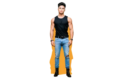 Muscular man, Siam Gato, solo, (25yo), strong facial features, piercing eyes, short spiky black hair, thick eyebrows, sleeveless shirt, ripped jeans, black boots, confident pose, hand on hip, dramatic