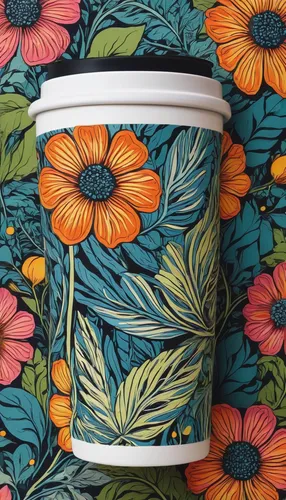 Create a retro-style tumbler with a psychedelic flower print.,orange floral paper,coffee cup sleeve,flower pot holder,pot marigold,potted flowers,retro flowers,wooden flower pot,paper cup,flower pot,f