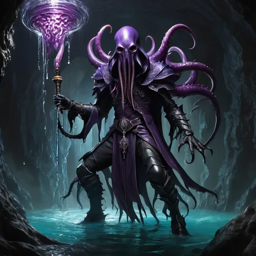 undead warlock,magic grimoire,calamari,death god,kraken,dodge warlock,squid game card,dark elf,the collector,shaper,magus,zodiac sign libra,tentacles,sea god,magistrate,gear shaper,grimm reaper,giant squid,cnidarian,horn of amaltheia,Art,Classical Oil Painting,Classical Oil Painting 01