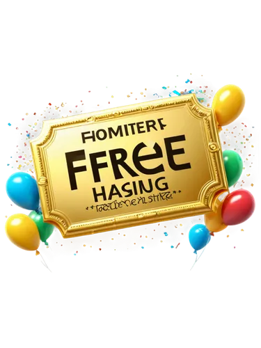 Golden free ticket, ornate design, intricate patterns, glossy surface, rectangular shape, rounded corners, bold font, "FREE" in capital letters, colorful background, confetti and balloons surrounding,