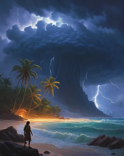 thunderstorm,lightning storm,fantasy picture,tropical cyclone,sea storm,monsoon,the storm of the invasion,beach landscape,world digital painting,tropical sea,san storm,coastal landscape,thunderstorm mood,nature's wrath,storm clouds,thunderclouds,storm,fantasy landscape,atmospheric phenomenon,sci fiction illustration,Conceptual Art,Fantasy,Fantasy 28