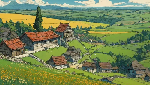 transilvania,transylvania,alpine village,escher village,mountain village,knight village,aurora village,meteora,villages,bavarian swabia,valais,heidi country,valley,studio ghibli,sibiu,rural,alpine pastures,village,mountain settlement,bohemia,Illustration,Realistic Fantasy,Realistic Fantasy 12