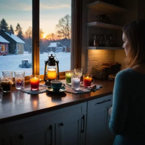 a woman looking through the window,hygge,winter window,under-cabinet lighting,girl in the kitchen,winter light,evening atmosphere,nordic christmas,home fragrance,candle light,winter morning,candleligh