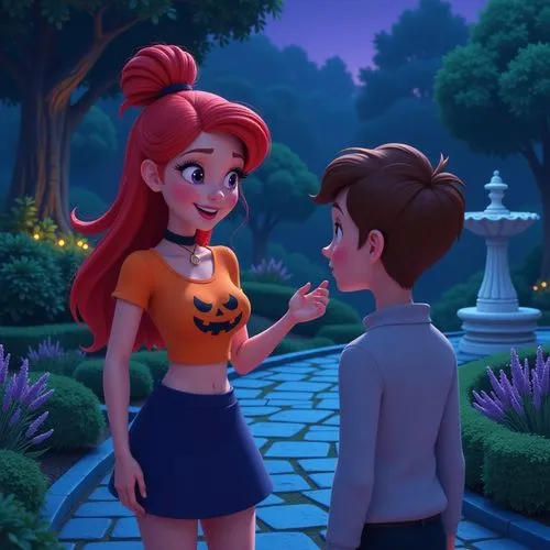 proposal,halloween scene,romantic scene,disneyfied,proposes,lilo,Illustration,Realistic Fantasy,Realistic Fantasy 33